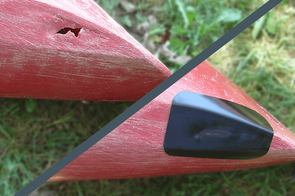 Repair patch fixing damage on a kayak